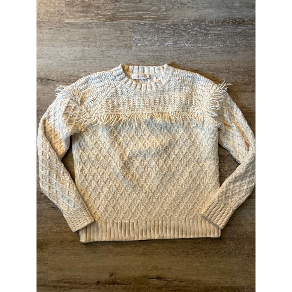 Tory Burch Fisherman Fringe Cable Knit Pullover Sweater 100% wool - Picture 3 of 9
